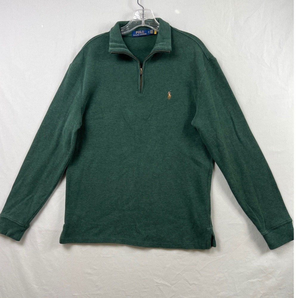Polo Ralph Lauren 1/4 Zip Pullover Mens Medium Green Cotton Mock Neck Logo